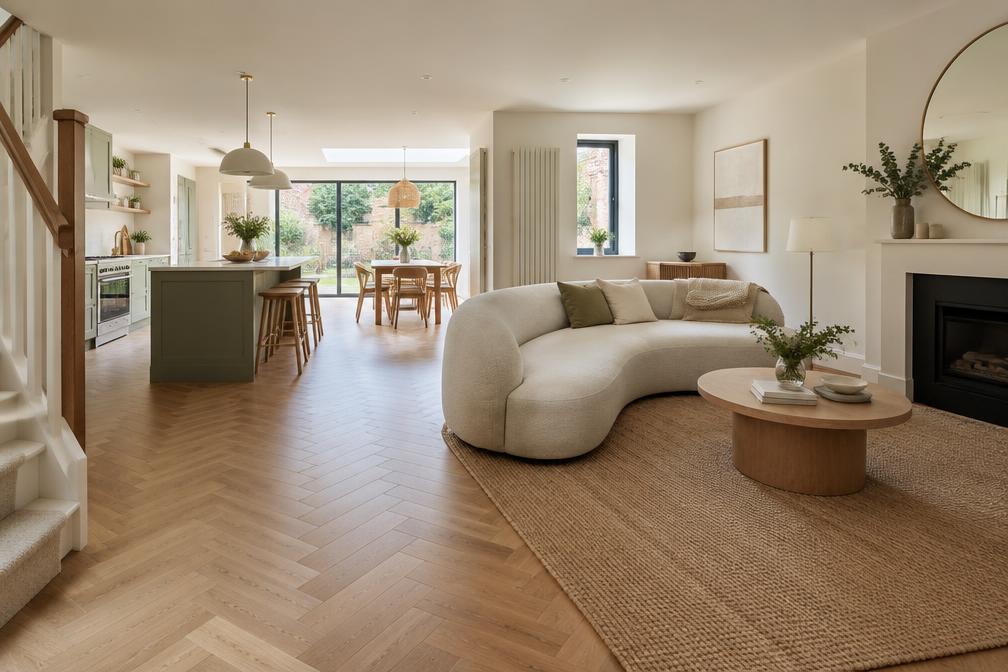 Refurbished open-plan ground floor with herringbone parquet and pale walls