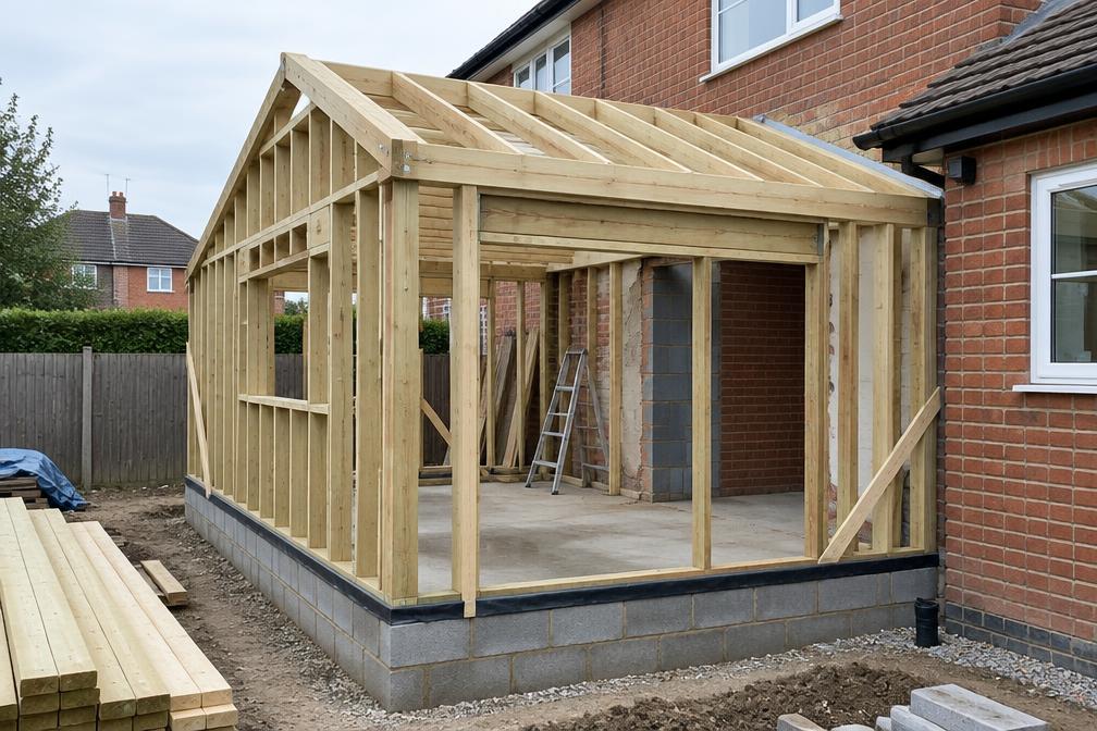 Timber-frame extension being erected beside a brick house