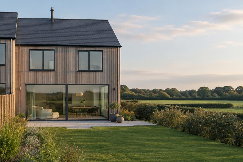 Modern semi-detached house with timber cladding and a glazed rear wall facing fields