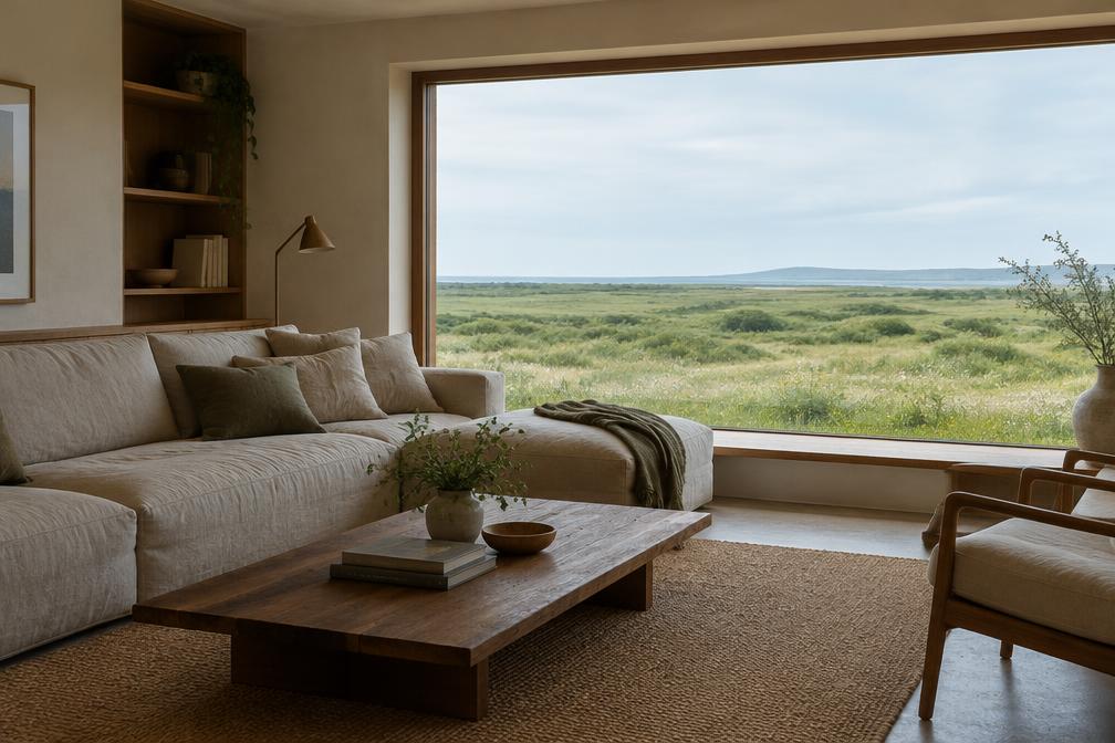 Calm living room with low linen sofa and wide view of open green space
