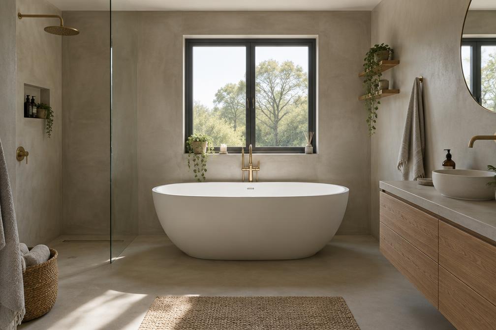 Refurbished family bathroom with micro-cement walls and freestanding bath
