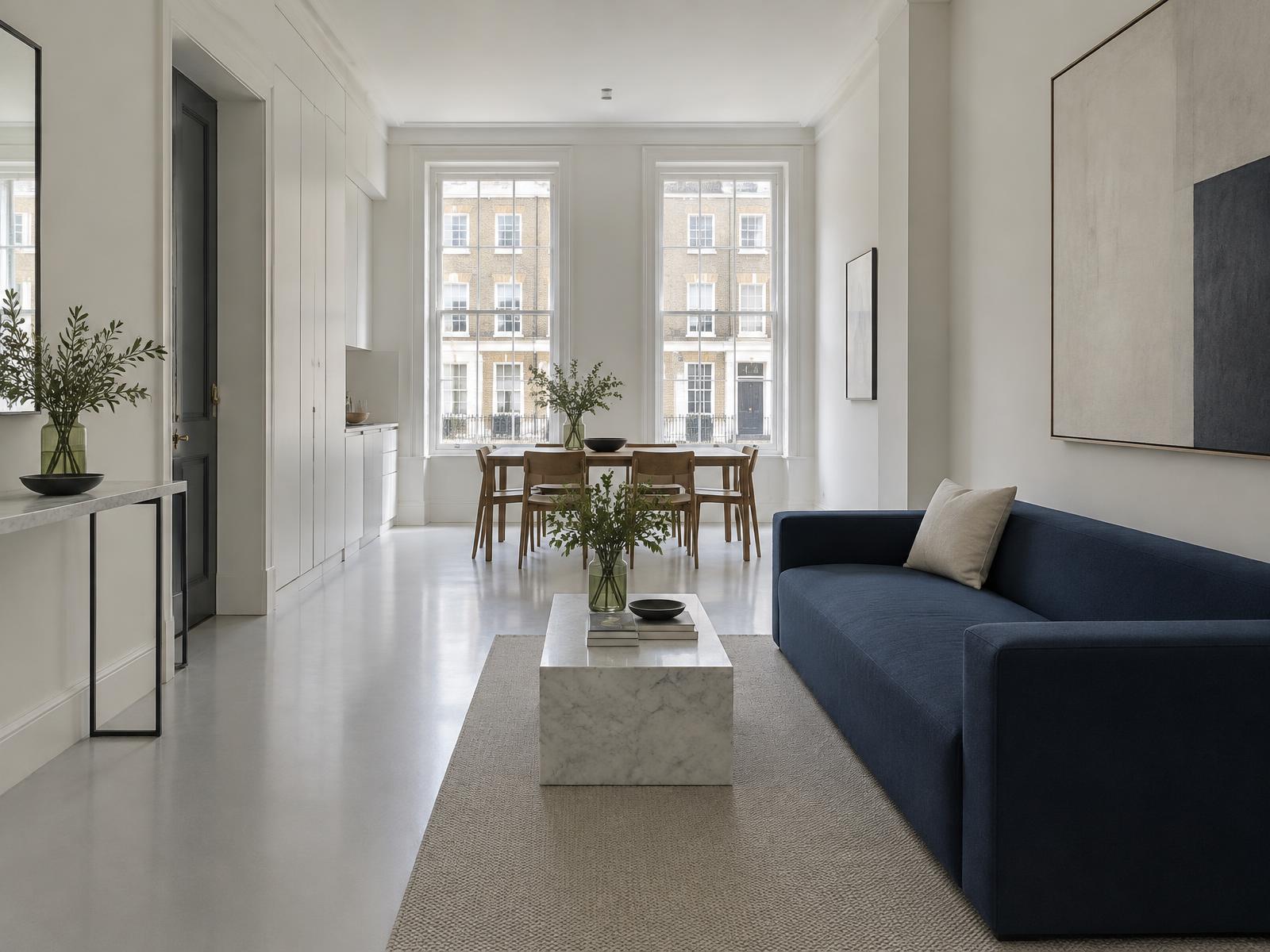 Minimalist through-room with a straight-lined navy sofa and sash windows onto a Marylebone Georgian terrace