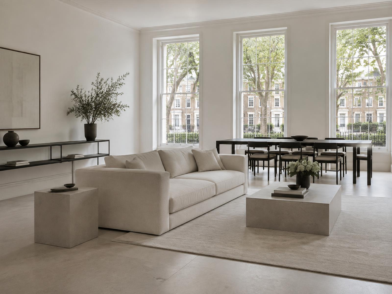 Minimalist pale stone living space with a square-edged linen sofa and sash windows onto a Mayfair garden square