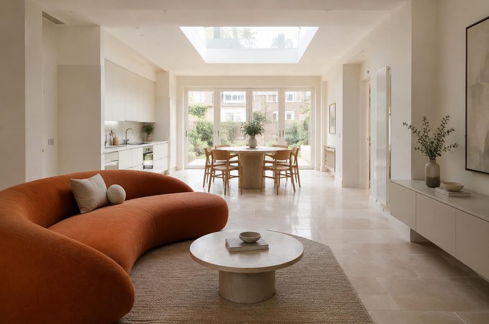 Refurbished Victorian kitchen-living space with a curved sofa in Merton
