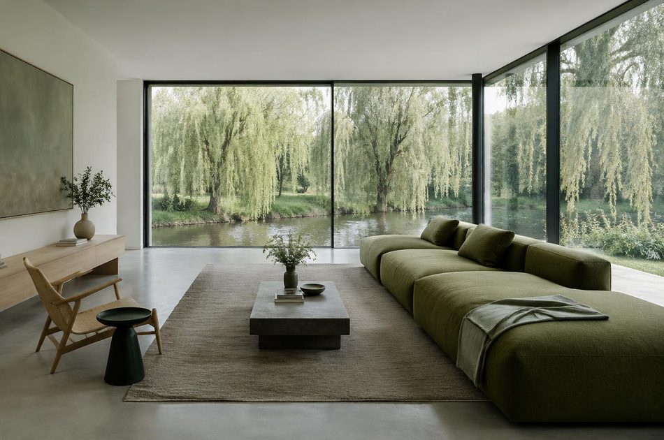Living room with full-height glazing onto a willow-lined river in Mitcham