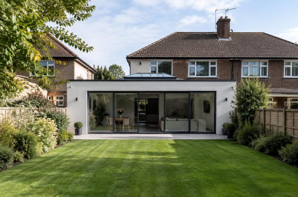 Rendered rear extension with a roof lantern to an interwar semi in Morden