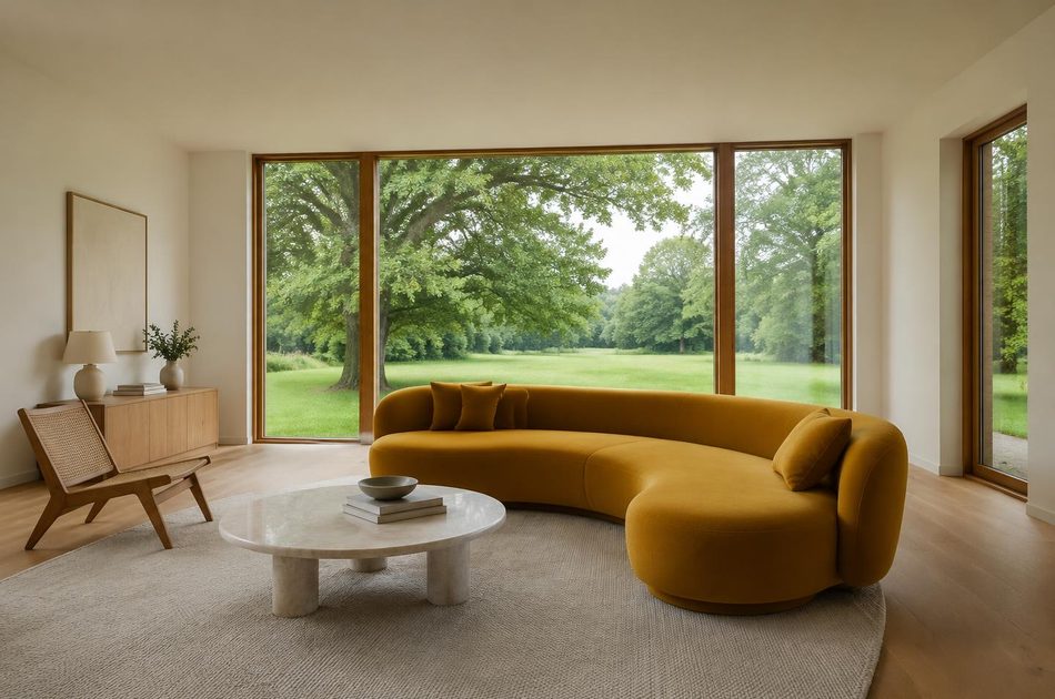 Living room with wide glazing onto parkland in Morden
