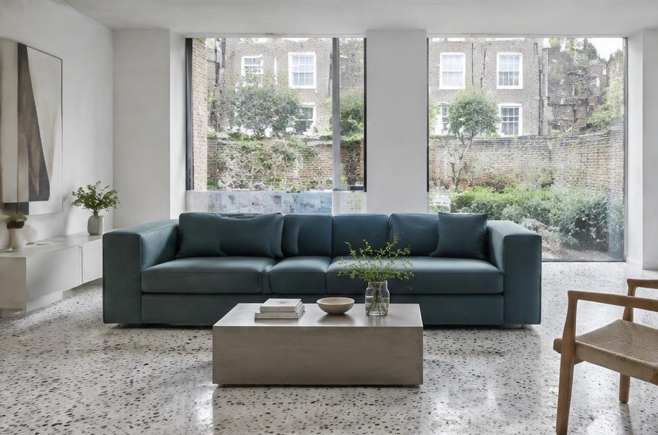 Contemporary refurbished living room with local residential garden views in Mortlake