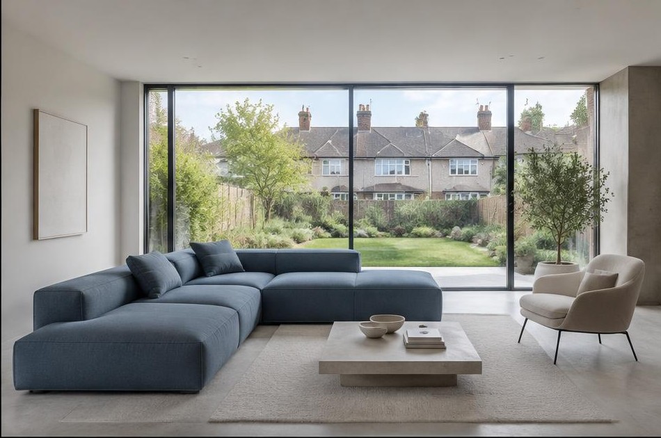 Minimalist living space with local residential garden views in Motspur Park