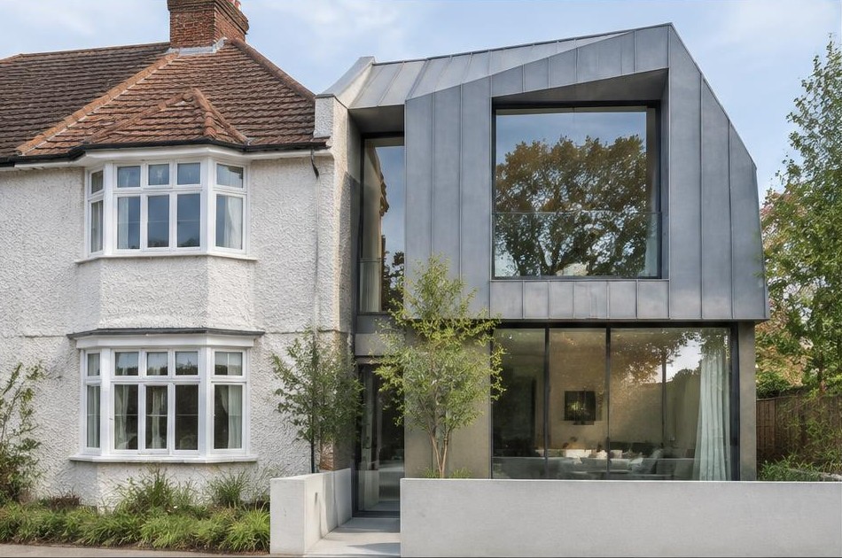 Retained original facade beside a dominant contemporary glazed addition in Motspur Park