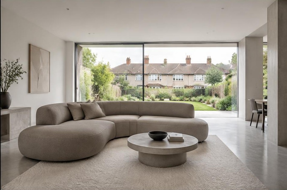 Contemporary refurbished living room with local garden views in Motspur Park