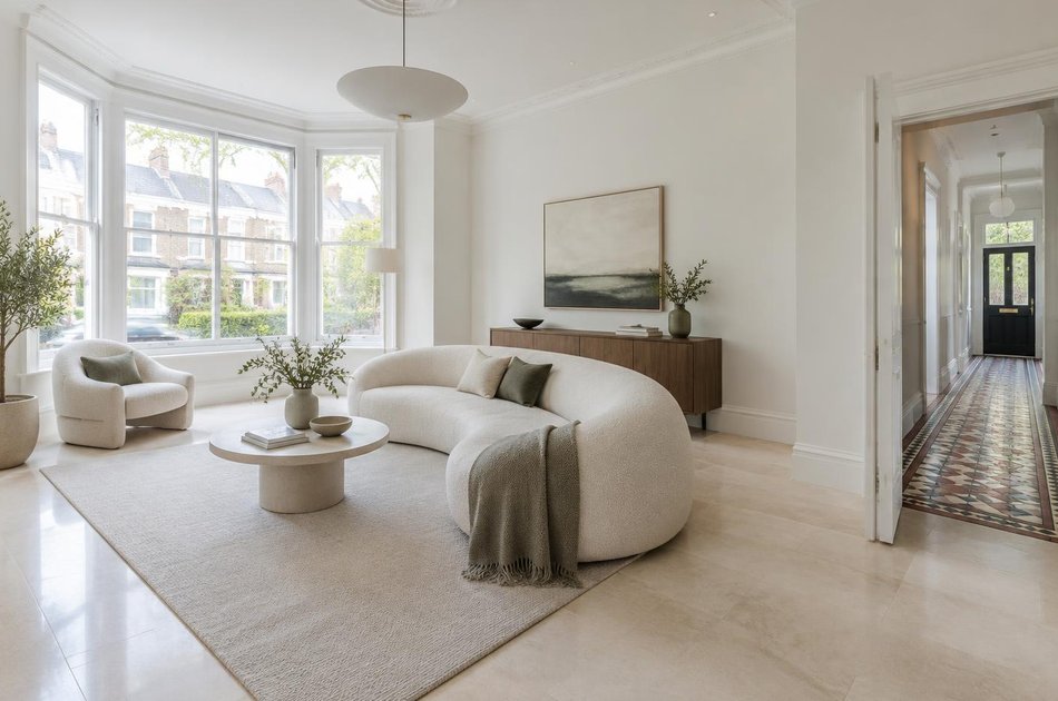 Refurbished interior with a curved sofa and retained tiled hallway in Muswell Hill