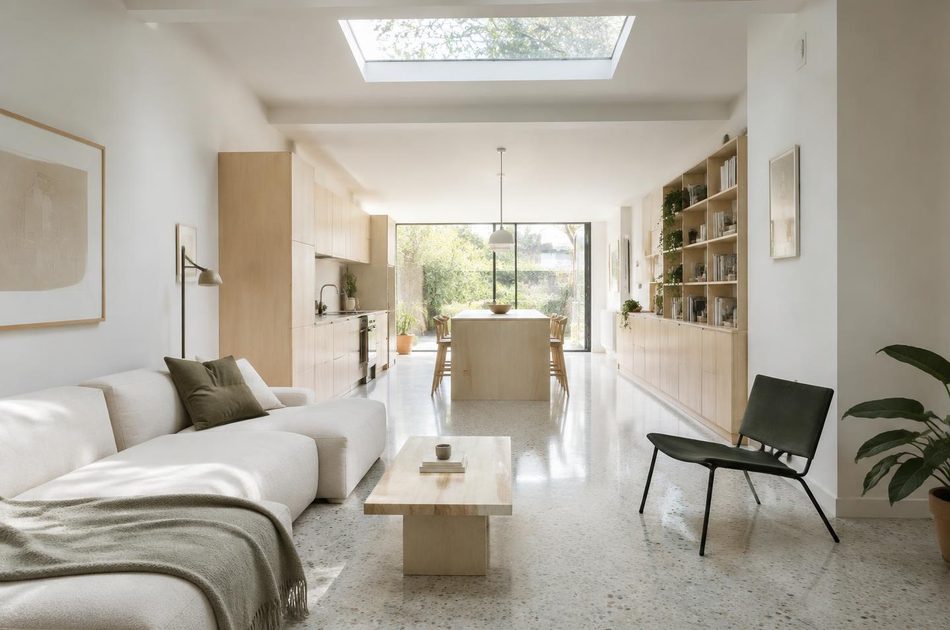 Refurbished open-plan Victorian terrace interior with rooflight in New Cross