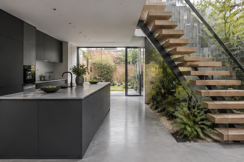 Completed contemporary kitchen with open staircase and garden glazing in New Malden