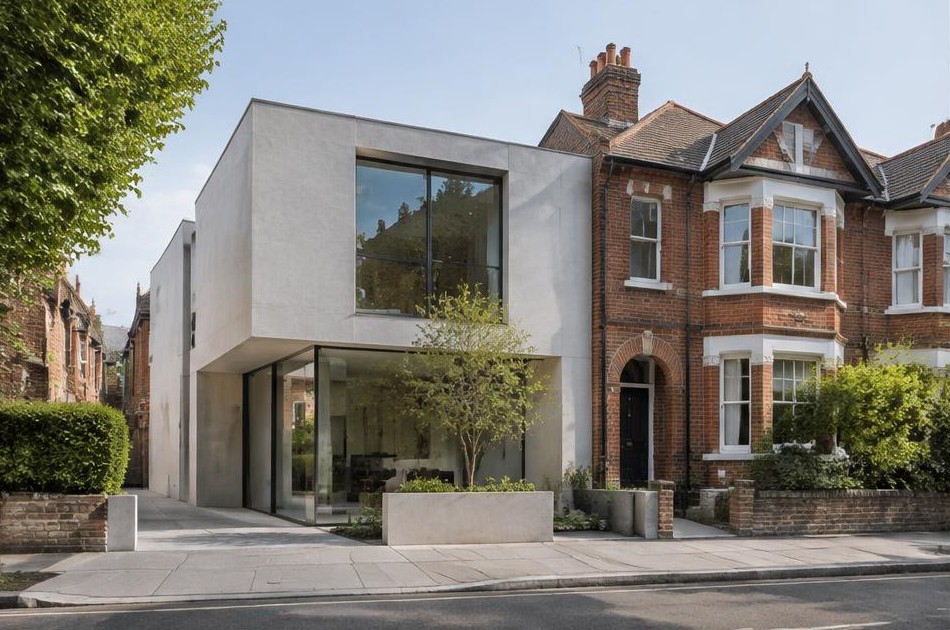 Bold contemporary residence beside Victorian terraces, Edwardian semis and inter-war homes in New Malden