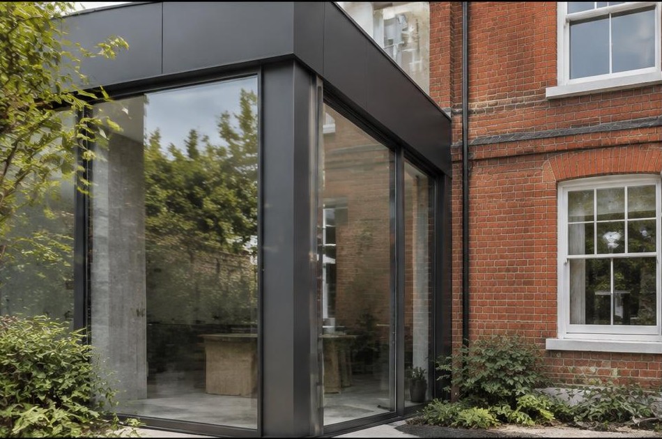 Retained original facade beside a dominant contemporary glazed addition in New Malden