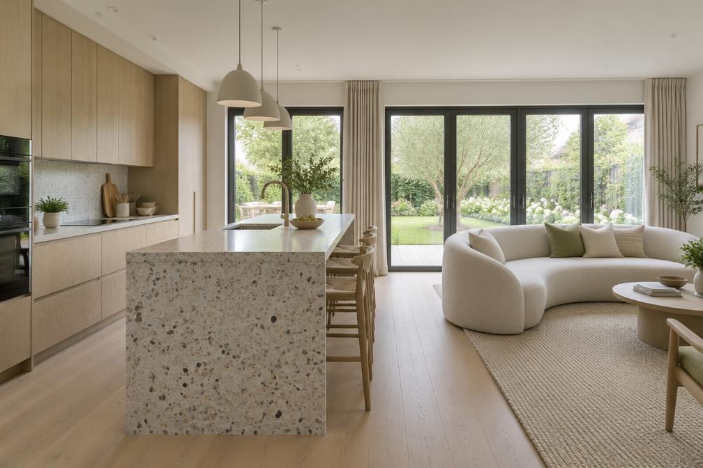 Open-plan kitchen with pale oak units, terrazzo island and a curved cream sofa beside garden doors