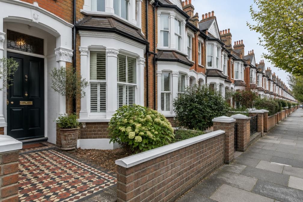 Long terrace of Edwardian houses with bay windows and tiled front paths under soft daylight
