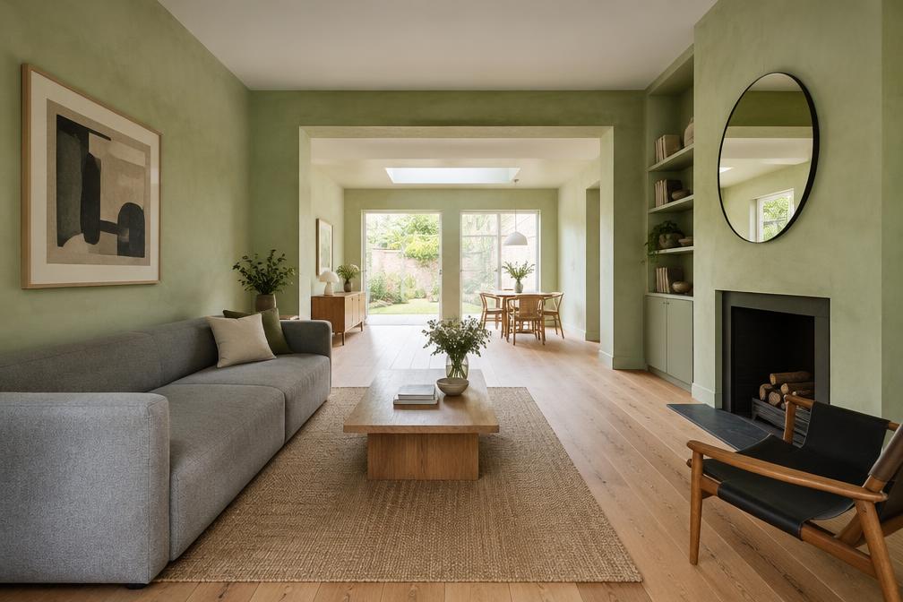 Refurbished through-room with lime plaster walls, a linear grey sofa and wide oak floorboards