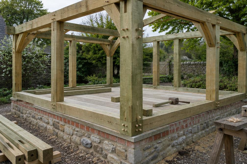 Timber frame extension being erected beside a rural brick house