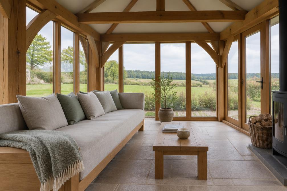 Calm living room with low linen sofa and wide view of countryside