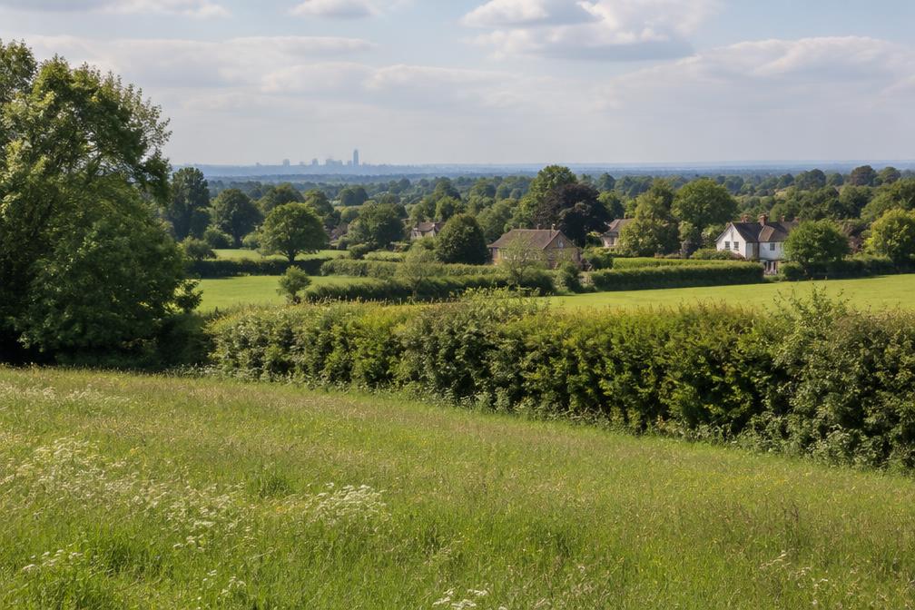 Country lane with hedgerows and a scattering of brick houses