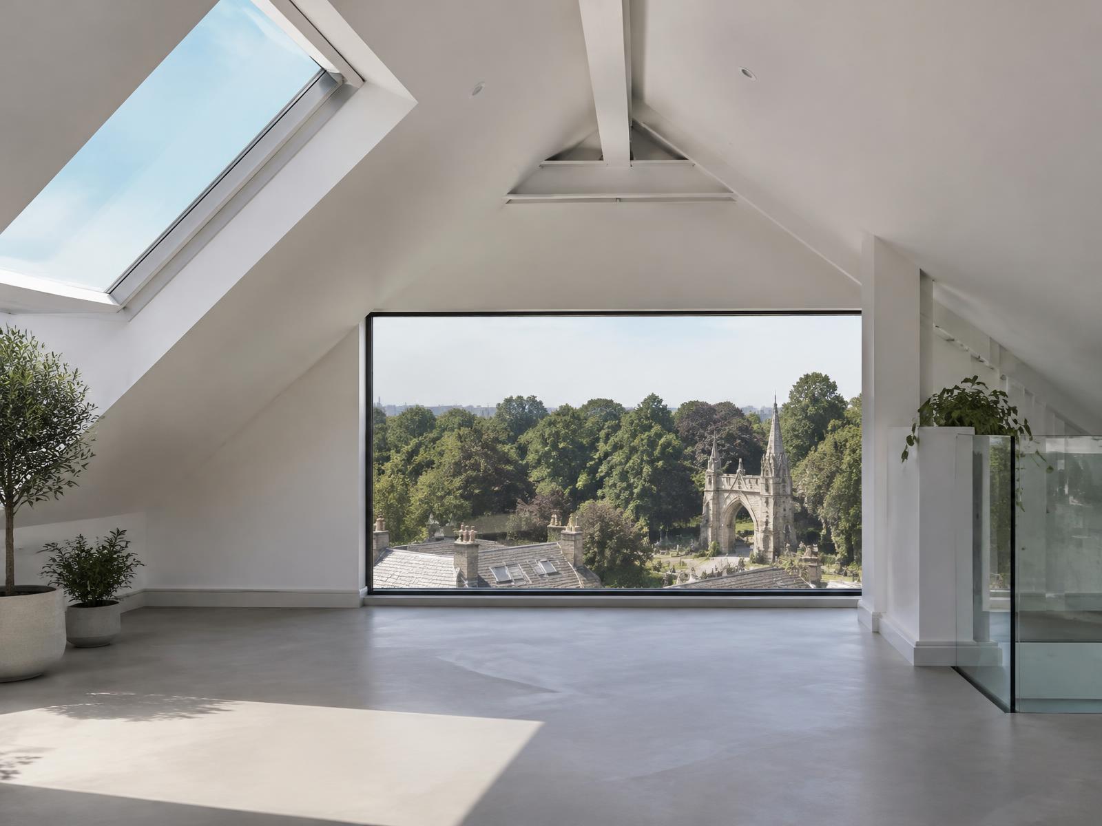 New loft conversion with a rooflight and a wide window looking toward Kensal Green Cemetery