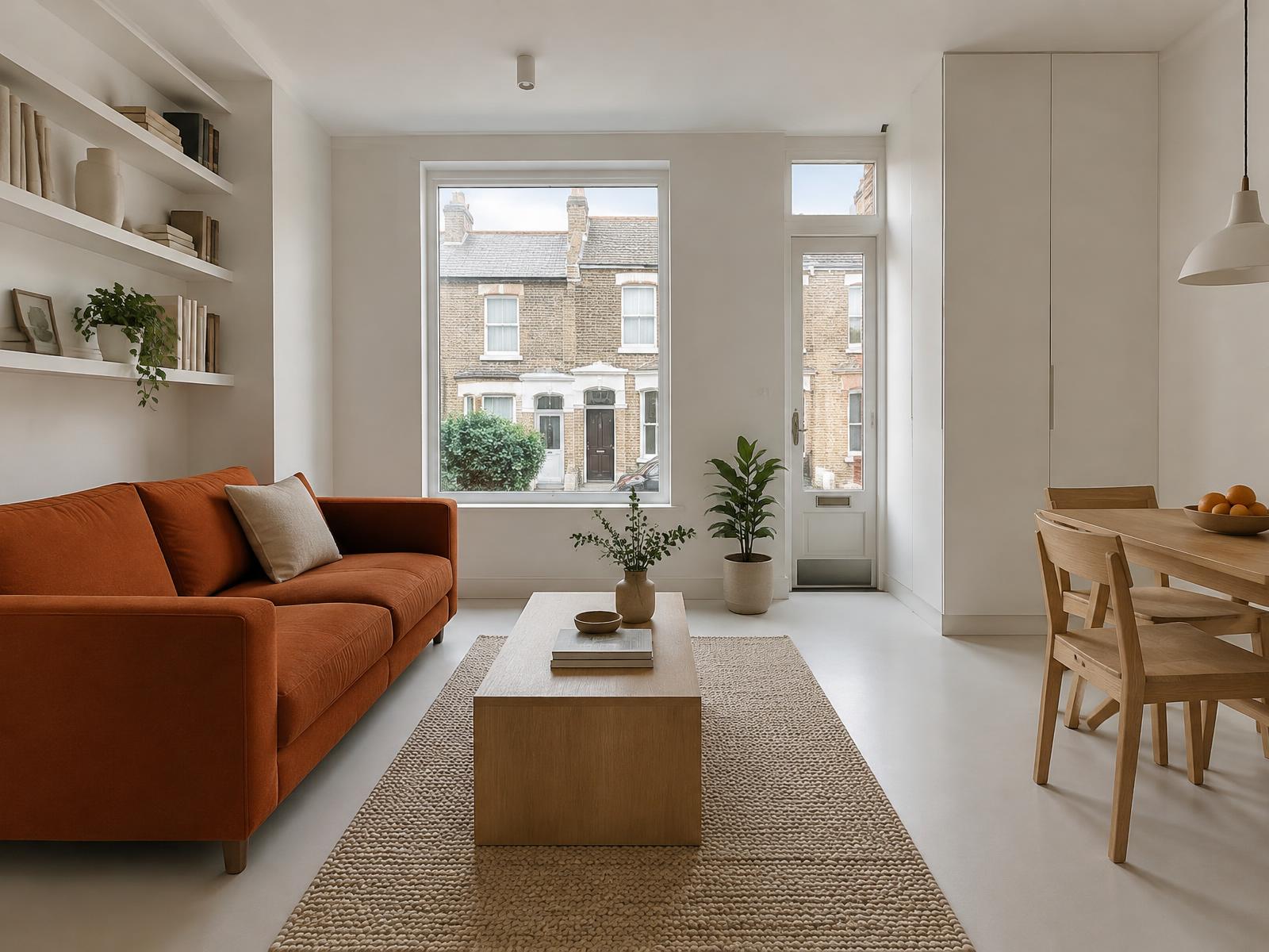 Compact minimalist cottage room with a square-edged burnt orange sofa and a view of terraced cottages