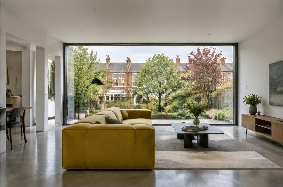 Minimalist living room with a structured fabric sofa and views of Northcote Road homes and gardens