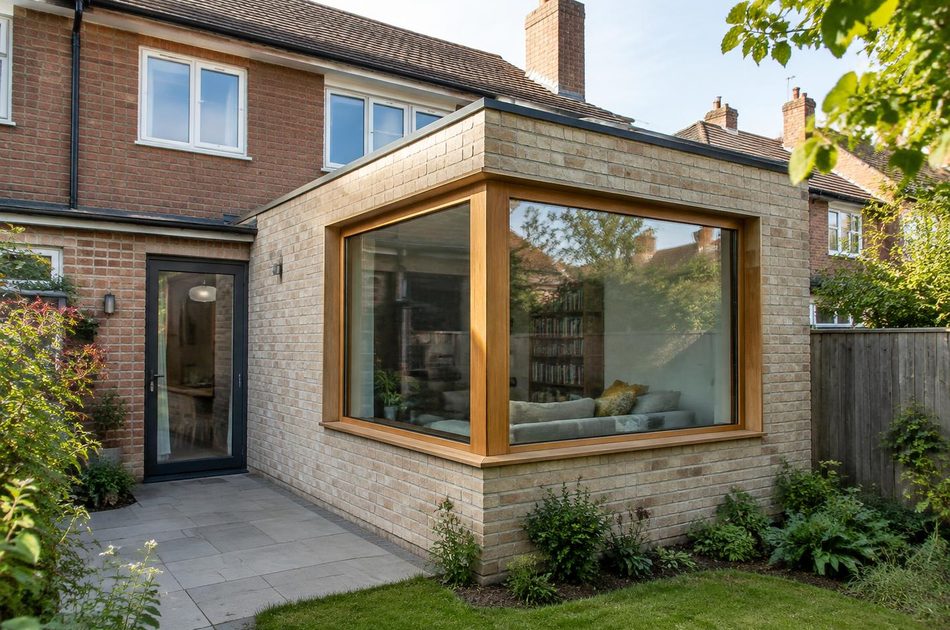 Pale brick extension with an oak-framed corner window in Northolt