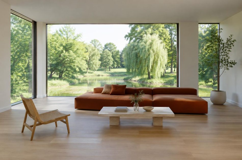 Living room with large glazing onto a park pond in Northolt