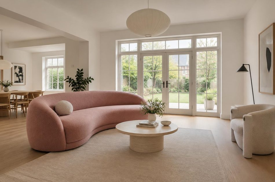 Refurbished living room with a curved pink sofa in Northolt