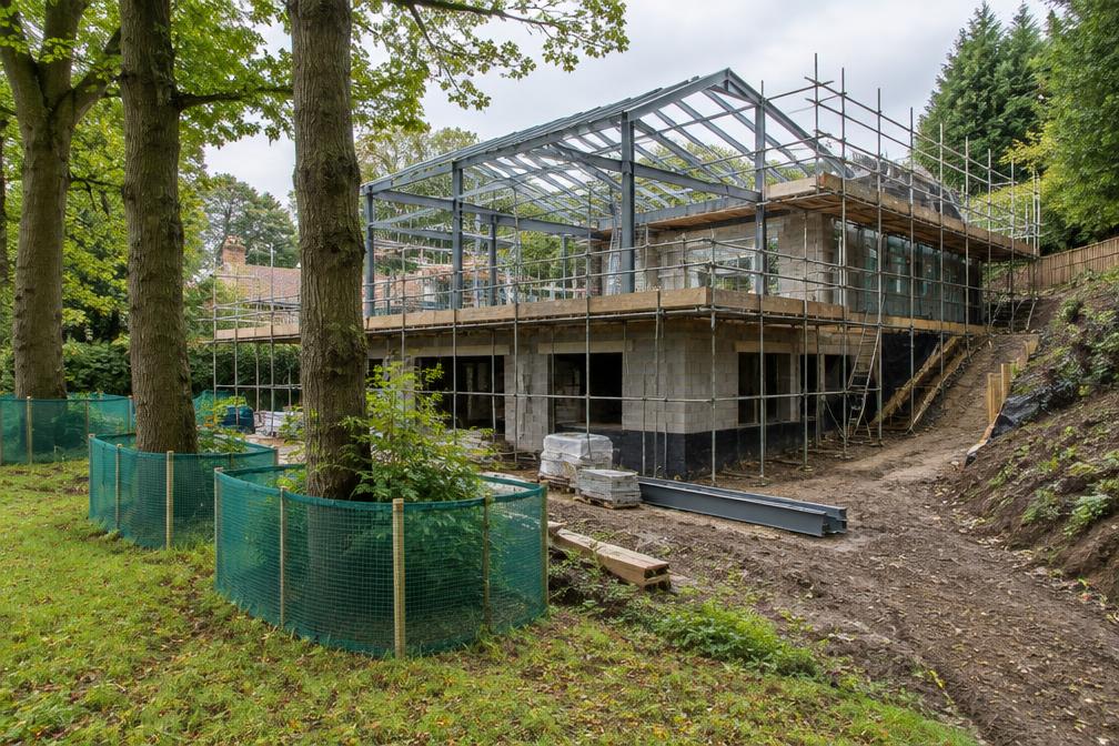 Steel frame rebuild of a detached house on a sloping plot in Northwood