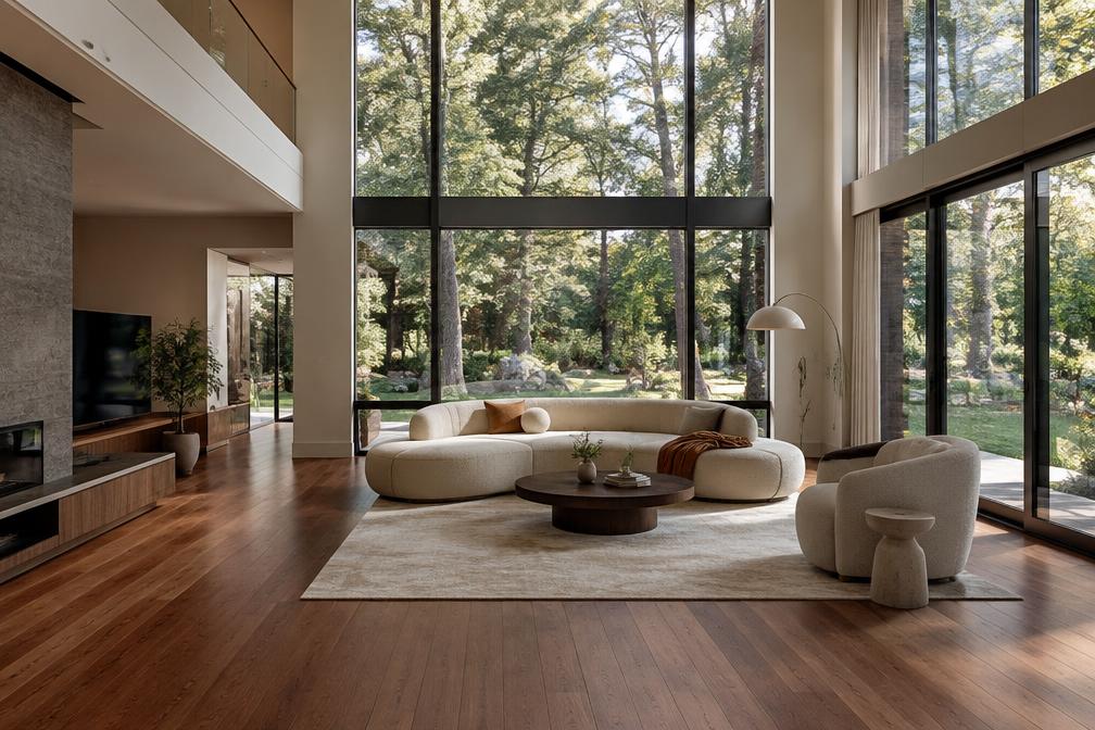 Double-height living space with a curved sofa in Northwood