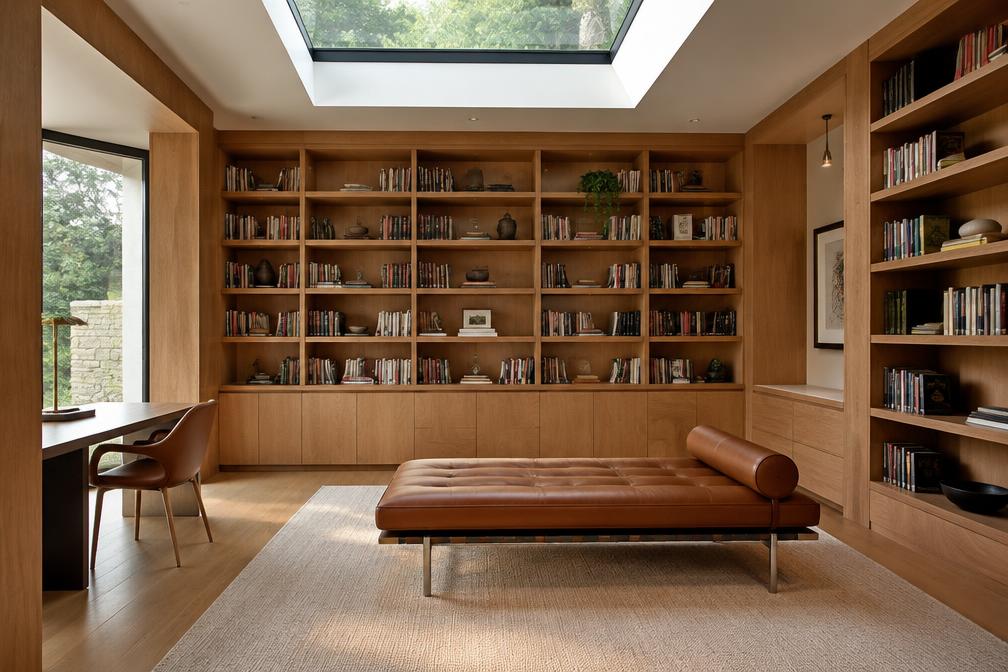 Refurbished modern study with oak shelving in Northwood