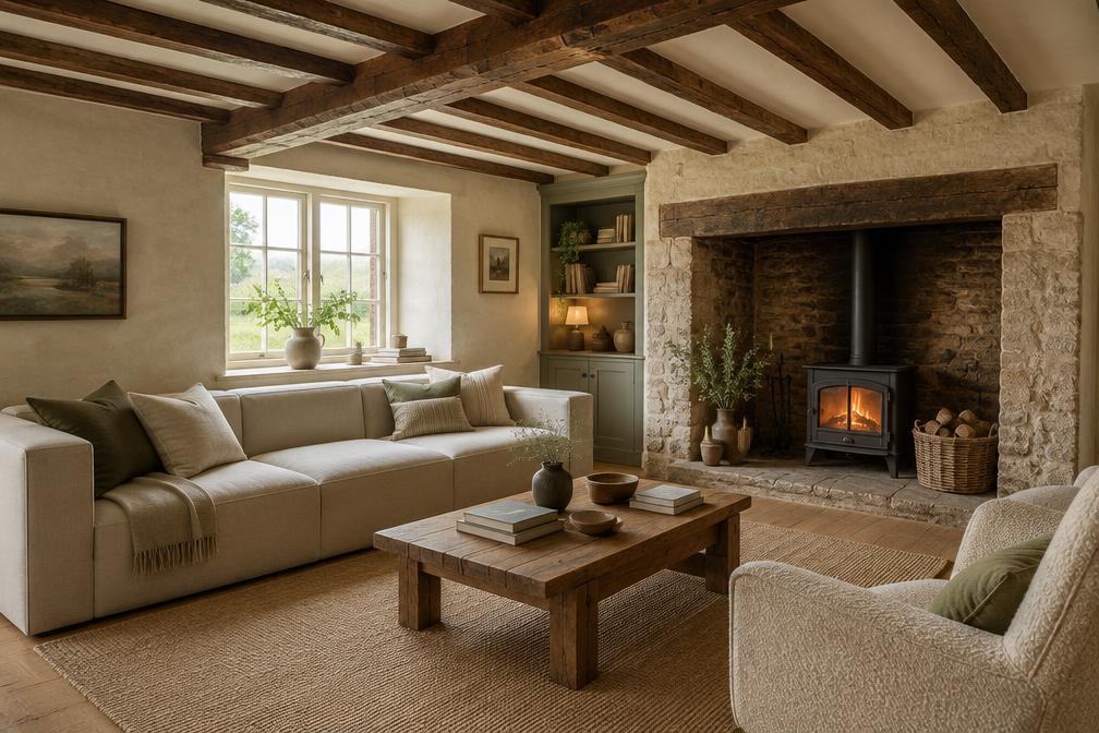 Cosy living room with low beams, modern linen sofa and woodburning stove
