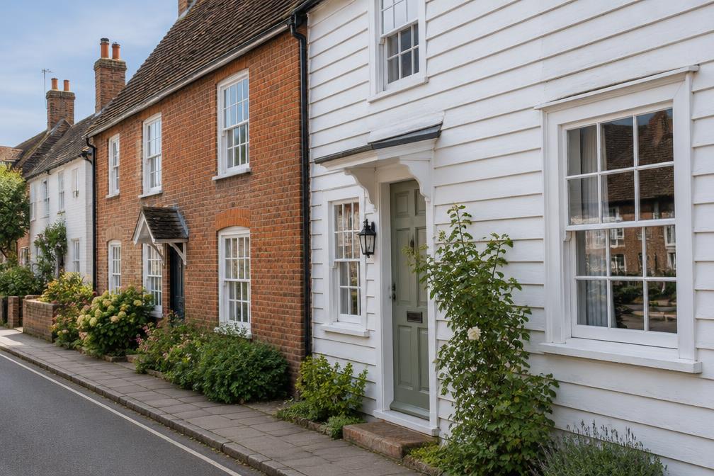 Weatherboarded cottages along a quiet village lane with brick pavements