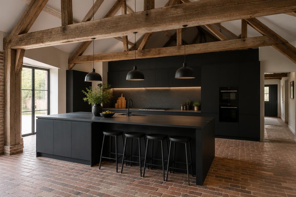 Refurbished cottage kitchen with limewashed walls, oak worktops and handmade tiles