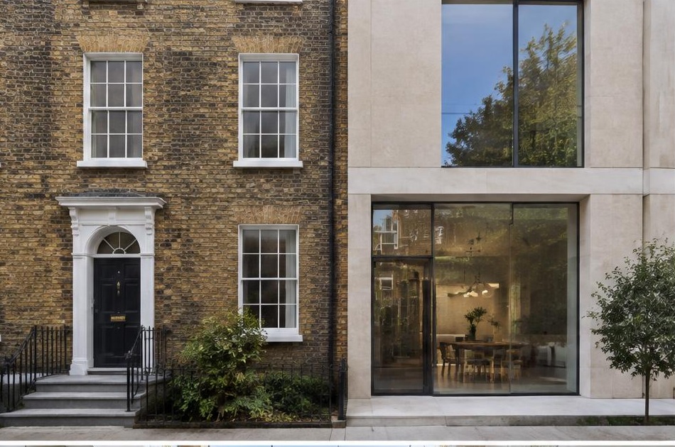 Retained historic facade directly beside a contemporary glazed residential addition in Oval