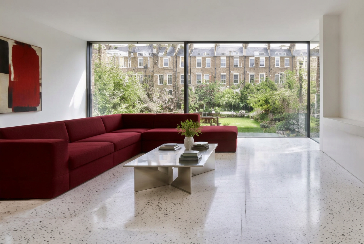 Minimalist contemporary room with straight fabric seating and views onto Oval residential homes and gardens