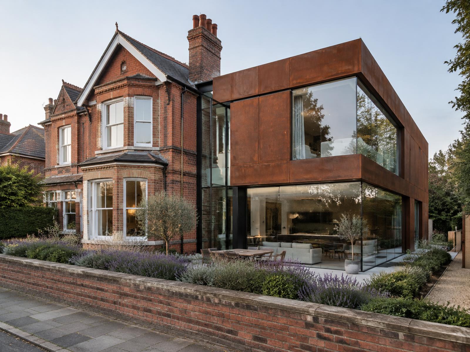 Red-brick Edwardian villa with a corten steel and glass side wing