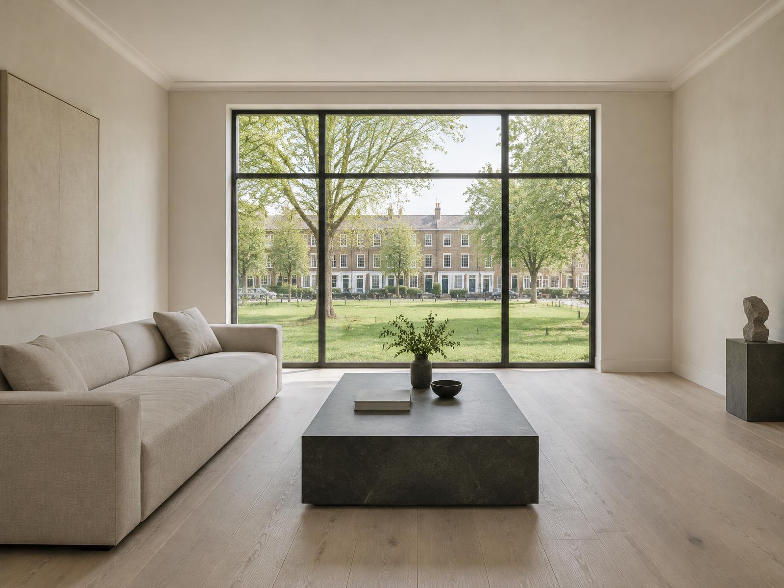 Minimalist room with a straight-lined linen sofa and a steel-framed window onto a village green