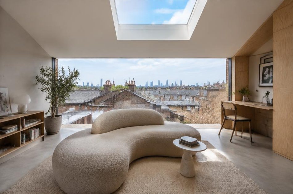 Minimalist contemporary room with straight fabric seating and views onto Peckham residential homes and gardens
