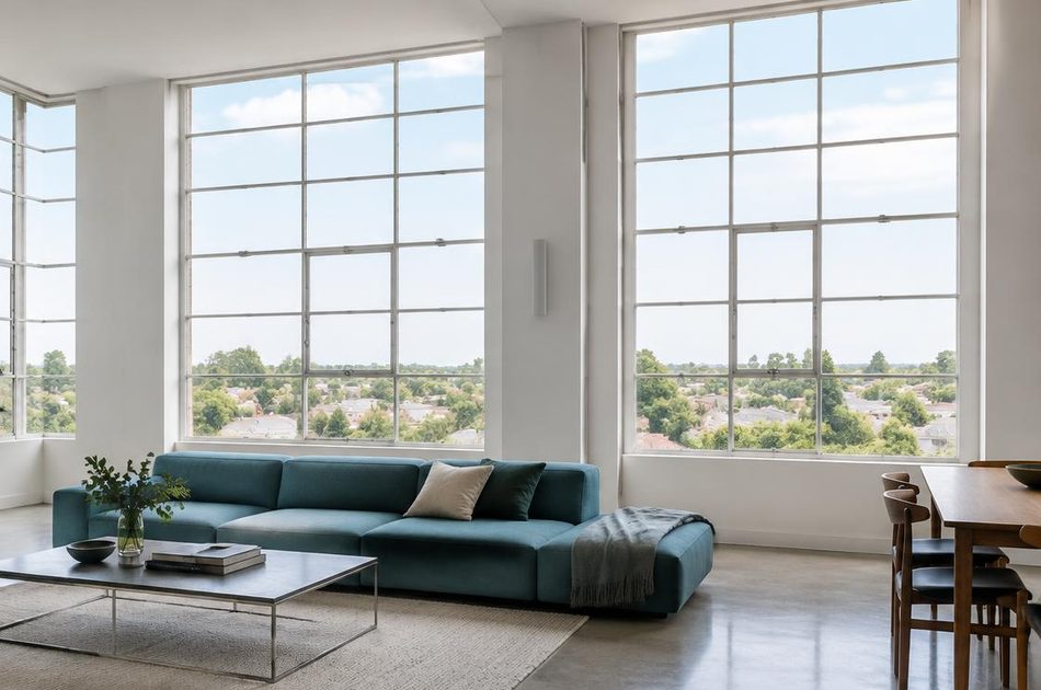 Living room in a converted Art Deco factory apartment in Perivale