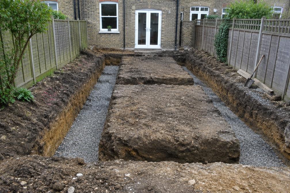 Foundations being dug in a narrow rear garden for an extension