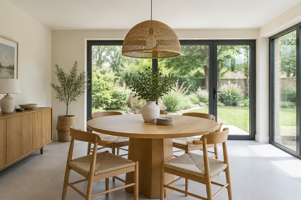 Bright dining space with round oak table, rattan pendant and garden glazing