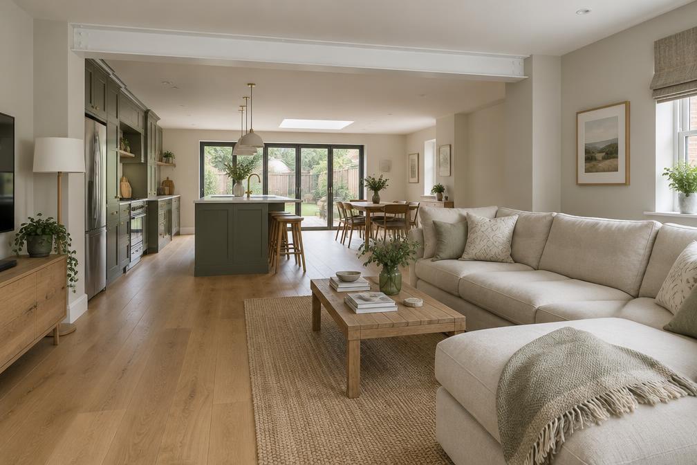 Refurbished living room with knocked-through opening, white steel beam and soft linen sofa