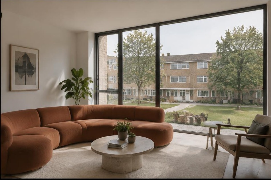 Minimalist living space with local residential garden views in Poplar