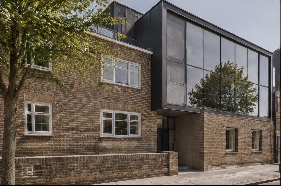Retained original facade beside a dominant contemporary glazed addition in Poplar