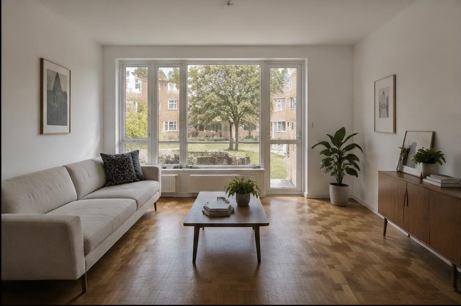 Contemporary refurbished living room with local garden views in Poplar
